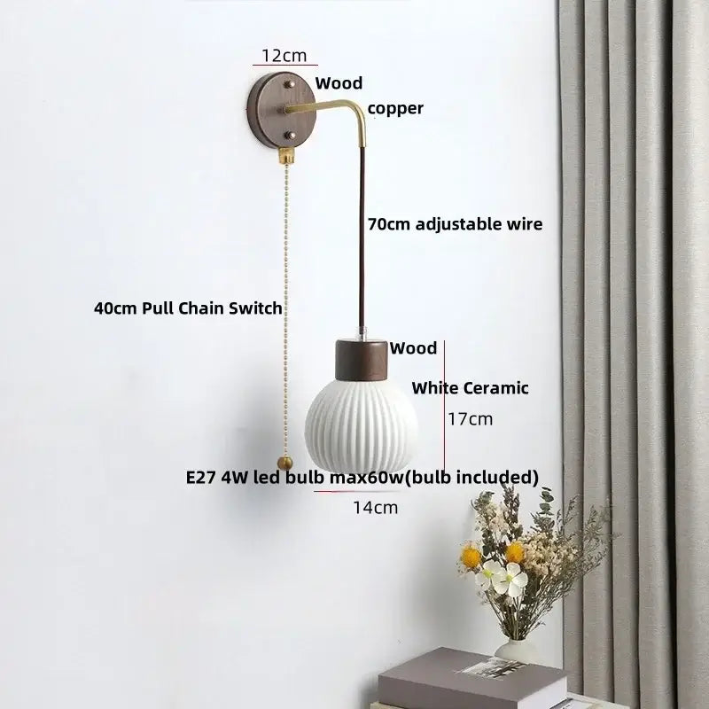 Nordic white ribbed ceramic wood wall sconce – bedroom pull chain light