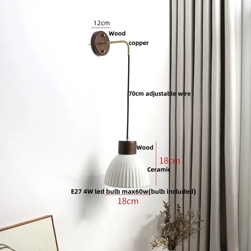Nordic white ribbed ceramic wood wall sconce – bedroom pull chain light