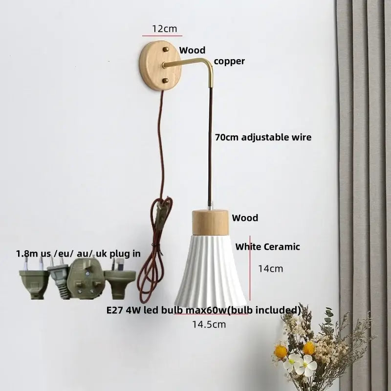 Nordic white ribbed ceramic wood wall sconce – bedroom pull chain light