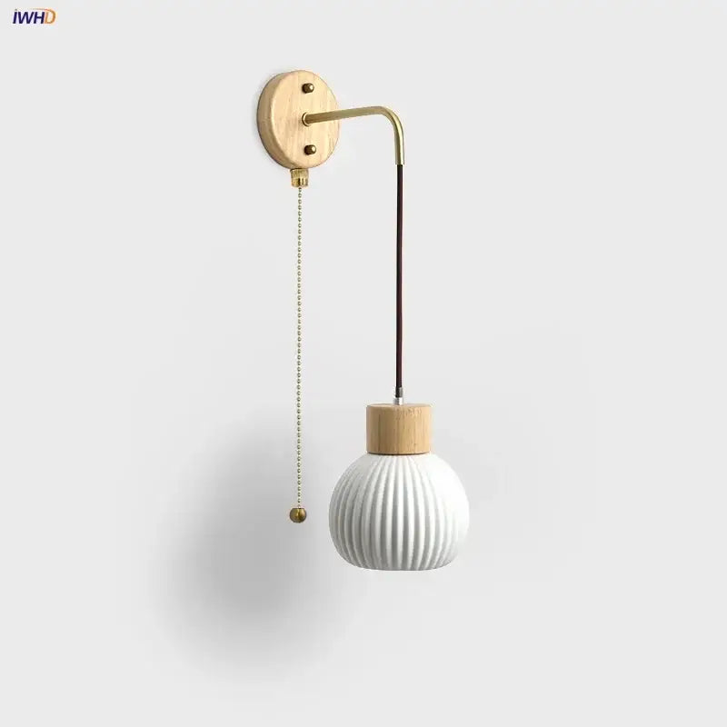 Nordic white ribbed ceramic wood wall sconce – bedroom pull chain light