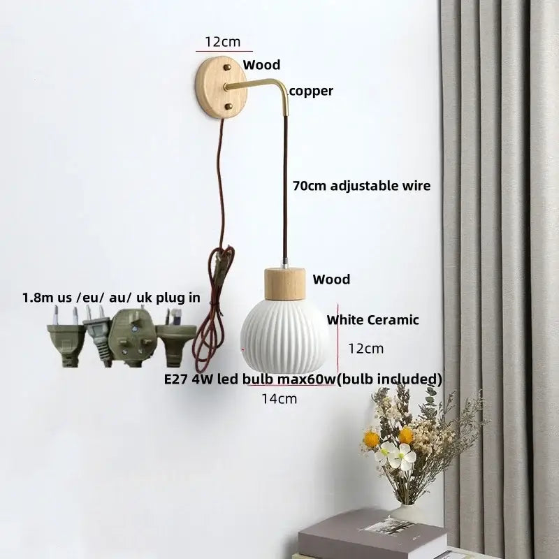 Nordic white ribbed ceramic wood wall sconce – bedroom pull chain light