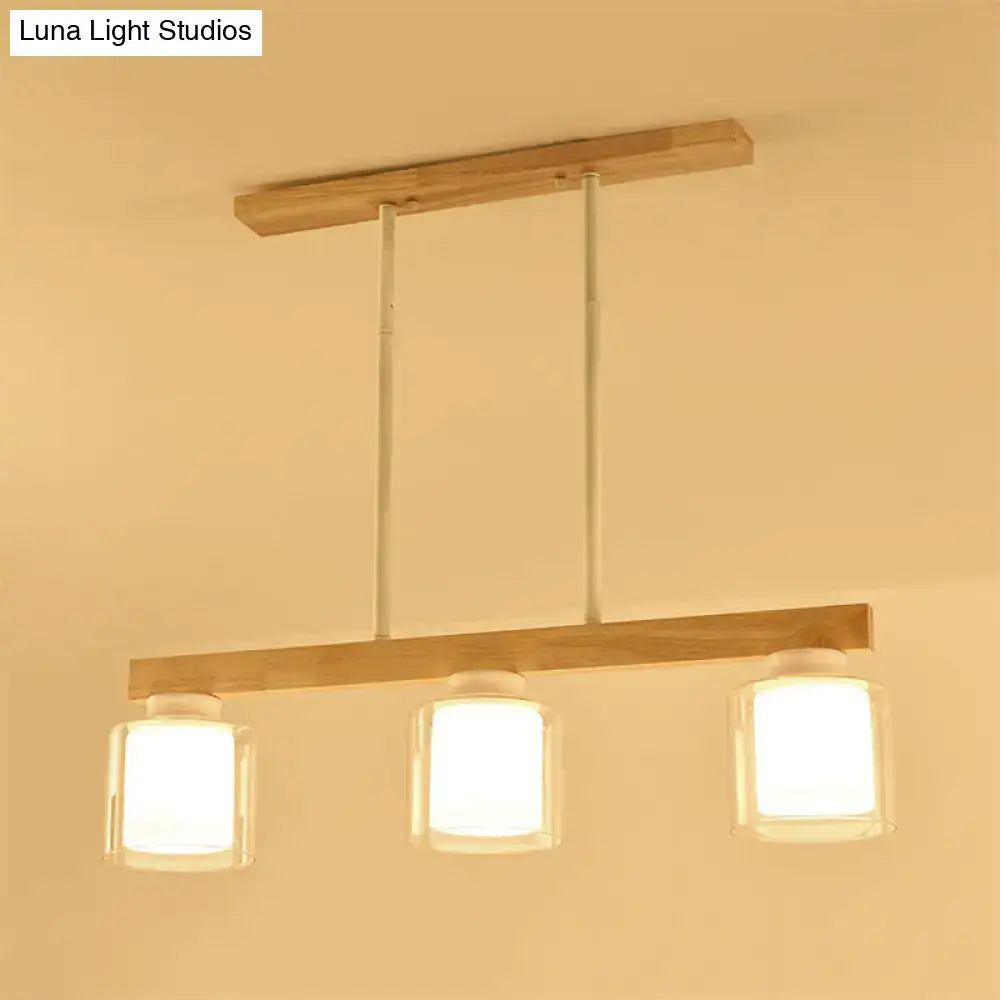 Nordic wooden linear pendant with glass shades for dining room