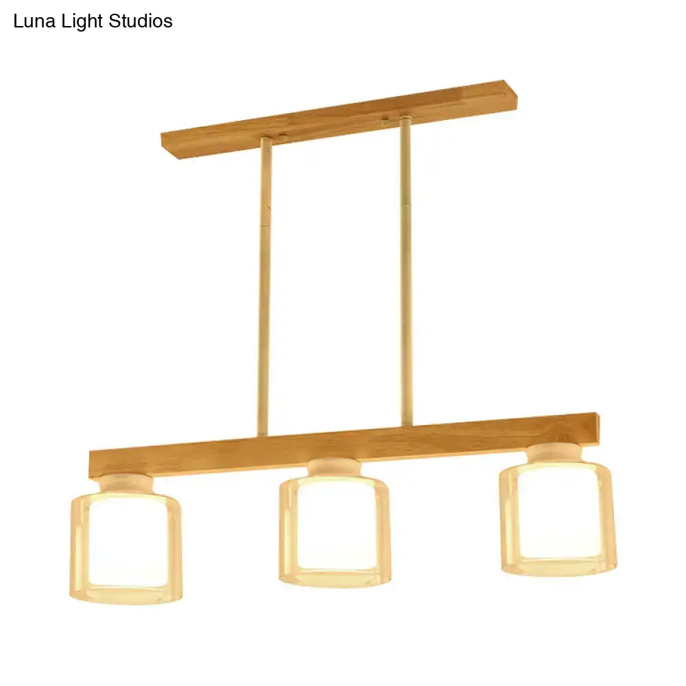 Nordic wooden linear pendant with glass shades for dining room