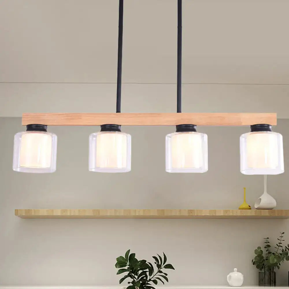 Nordic wooden linear pendant with glass shades for dining room