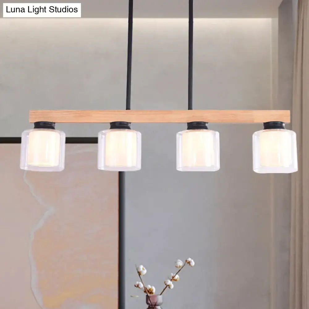 Nordic wooden linear pendant with glass shades for dining room