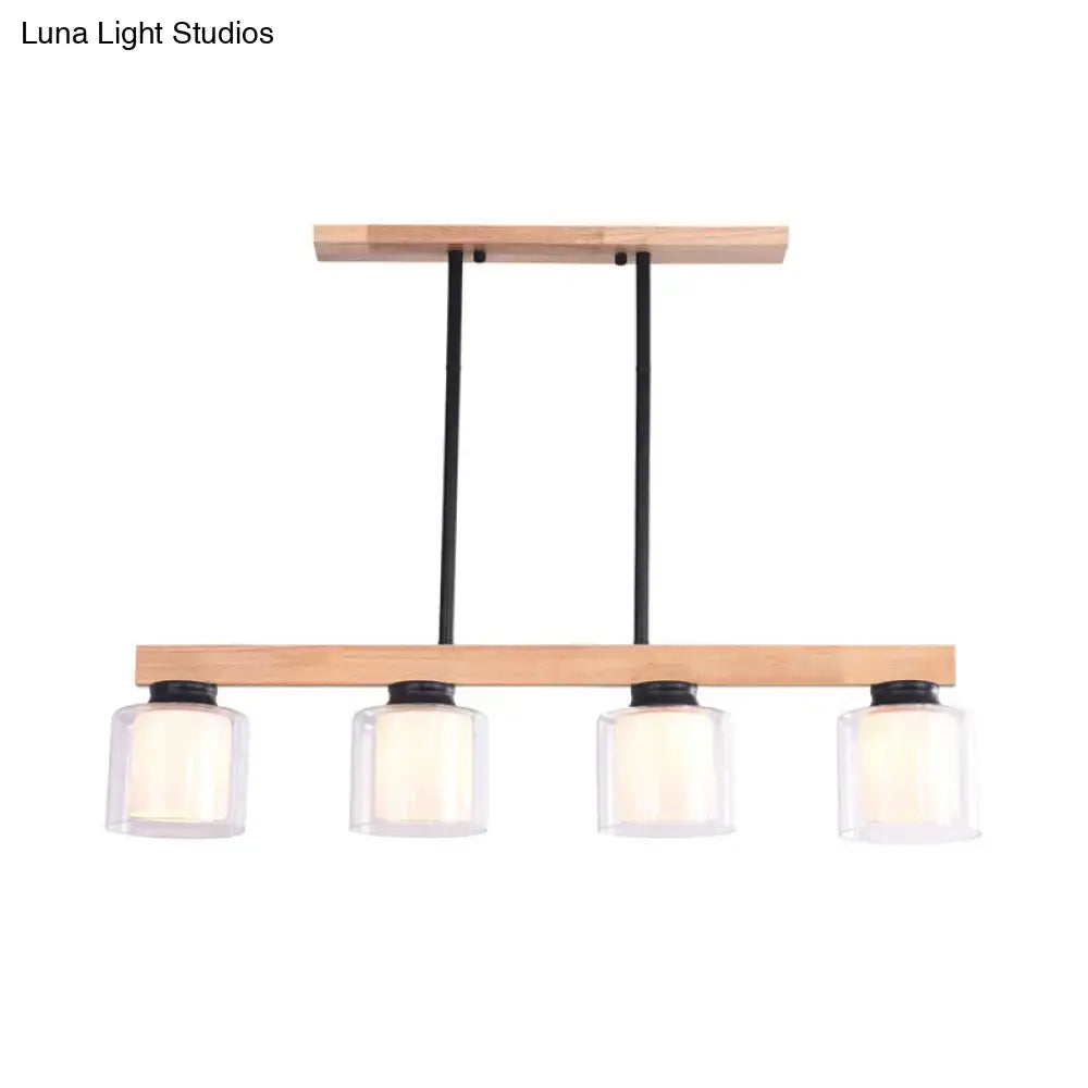 Nordic wooden linear pendant with glass shades for dining room