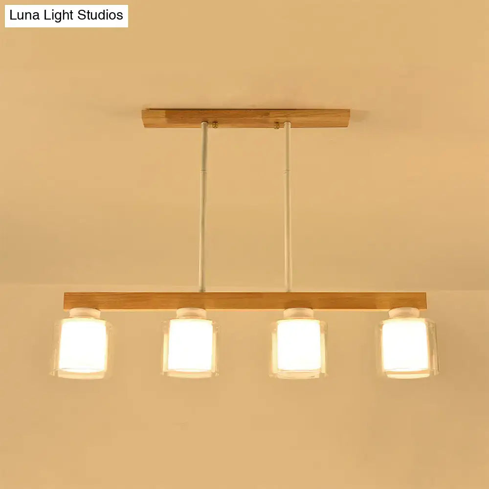 Nordic wooden linear pendant with glass shades for dining room