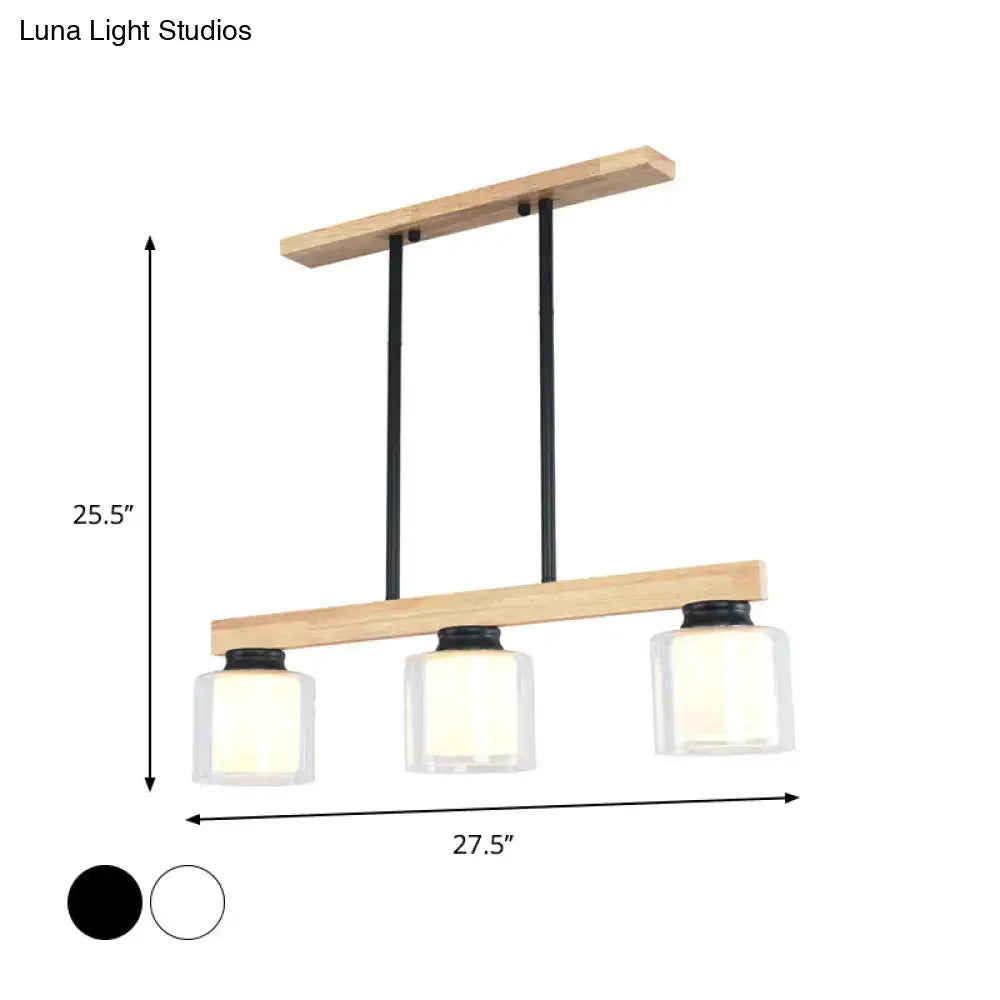 Nordic wooden linear pendant with glass shades for dining room