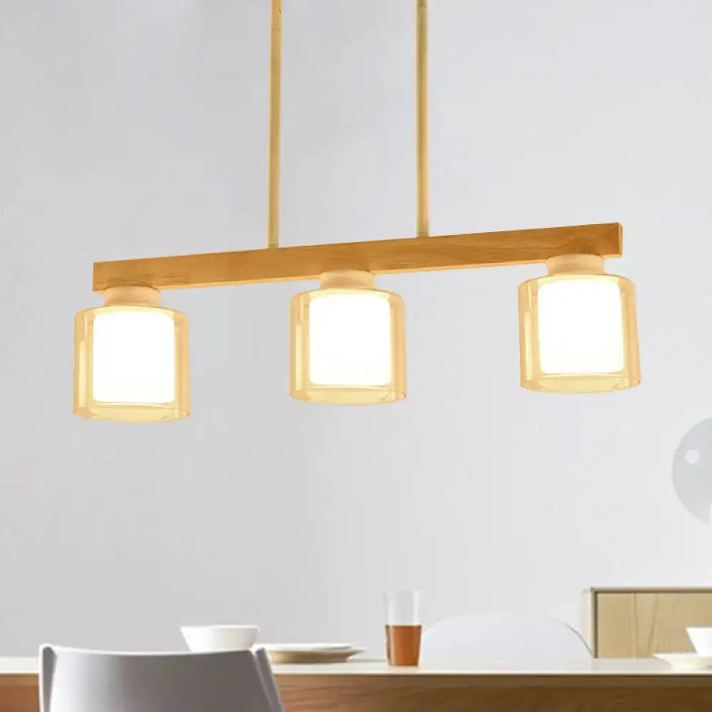 Nordic wooden linear pendant with glass shades for dining room