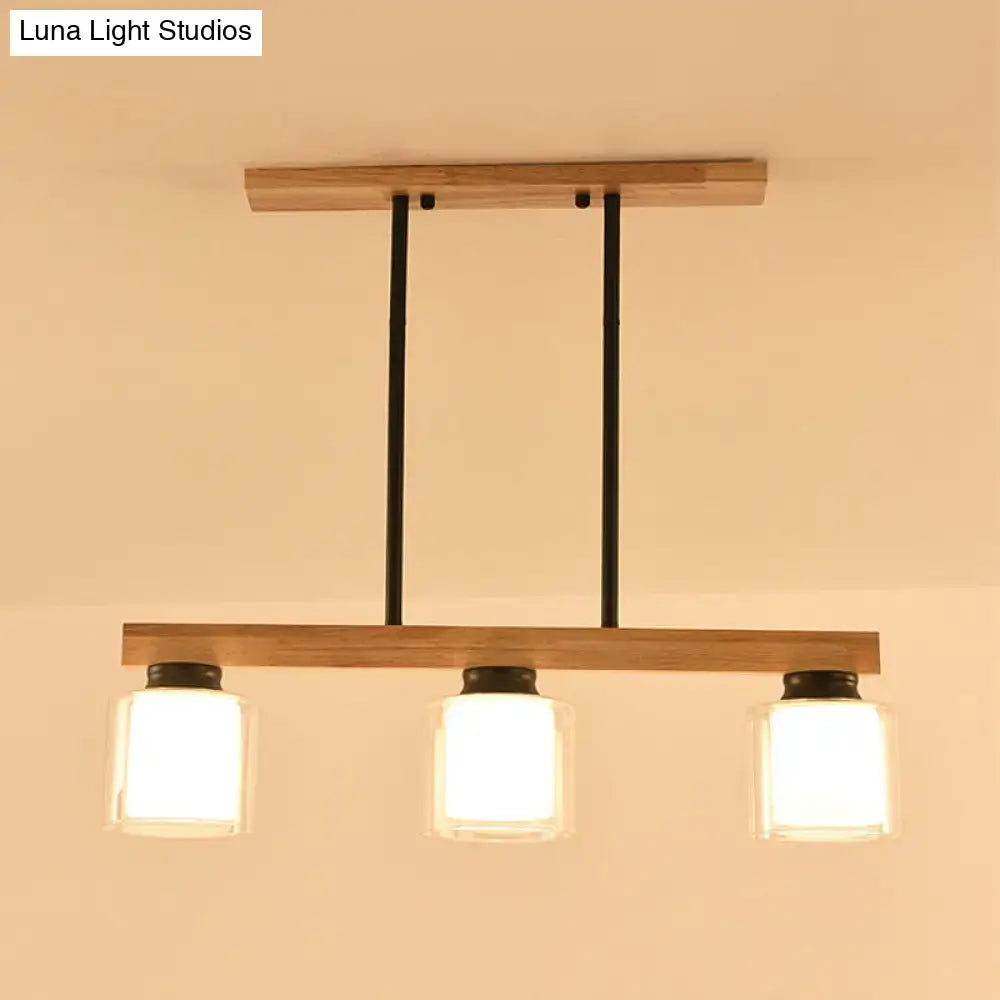 Nordic wooden linear pendant with glass shades for dining room