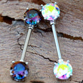 Pair 316L Stainless Steel Prong Set Iridescent Cubic Nipple Bar