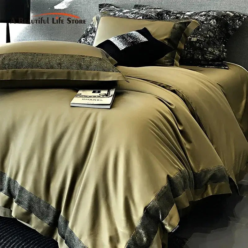 Olive and dark gray 1400tc egyptian cotton bedding set bedroom