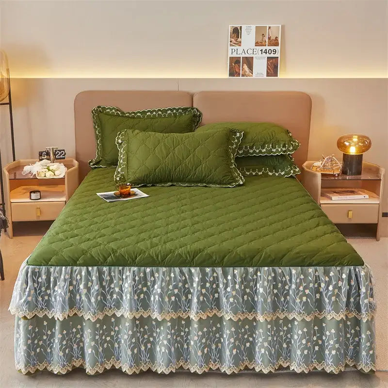 Olive green and white floral quilted bed skirt set bedroom lace trim