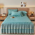 Olive green and white floral quilted bed skirt set bedroom lace trim