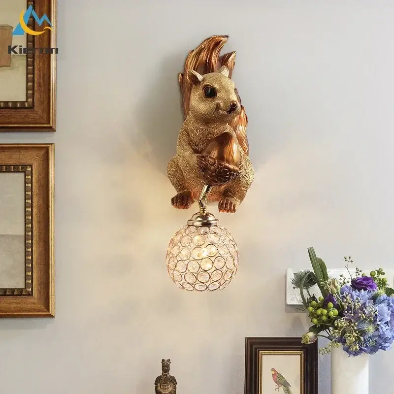 Orange squirrel crystal led wall lamp bedroom sconce
