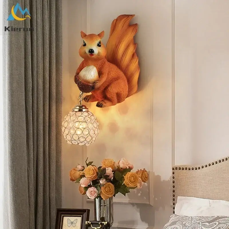 Orange squirrel crystal led wall lamp bedroom sconce