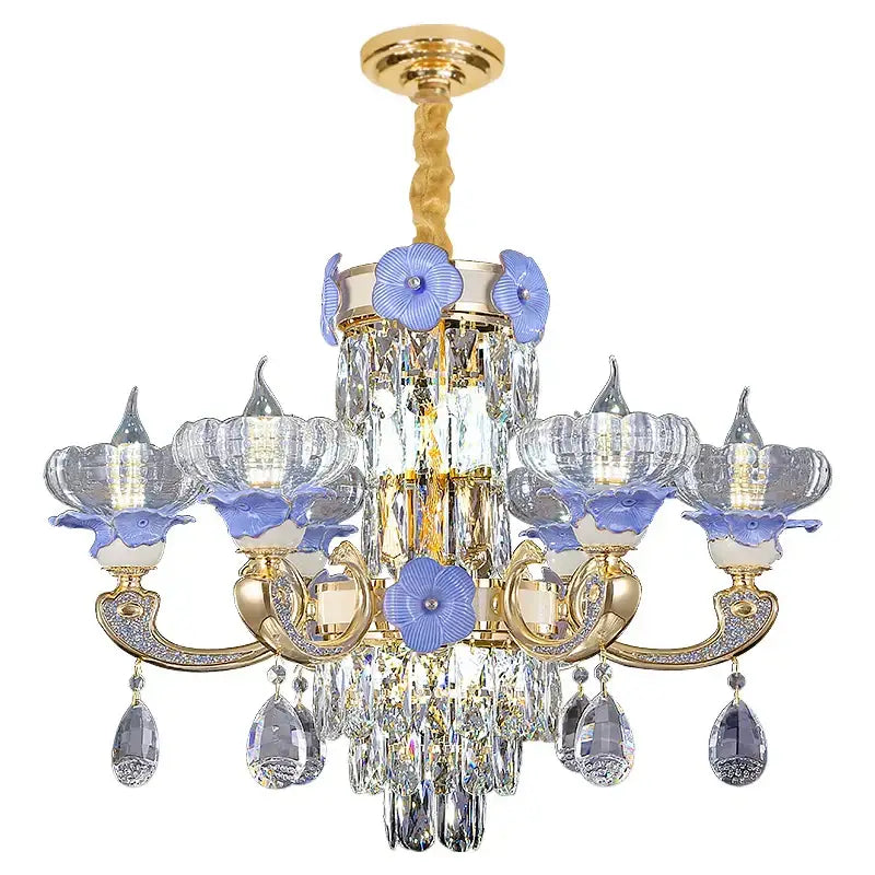 Ornate blue and gold crystal candle chandelier – staircase lighting