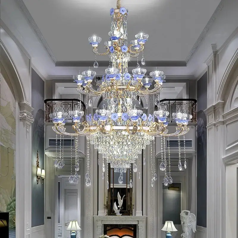 Ornate blue and gold crystal candle chandelier – staircase lighting
