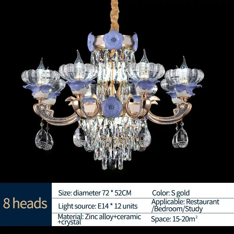 Ornate blue and gold crystal candle chandelier – staircase lighting
