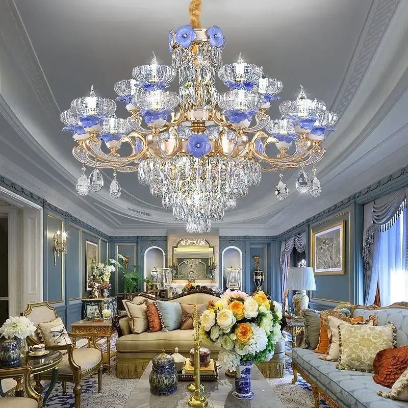 Ornate blue and gold crystal candle chandelier – staircase lighting