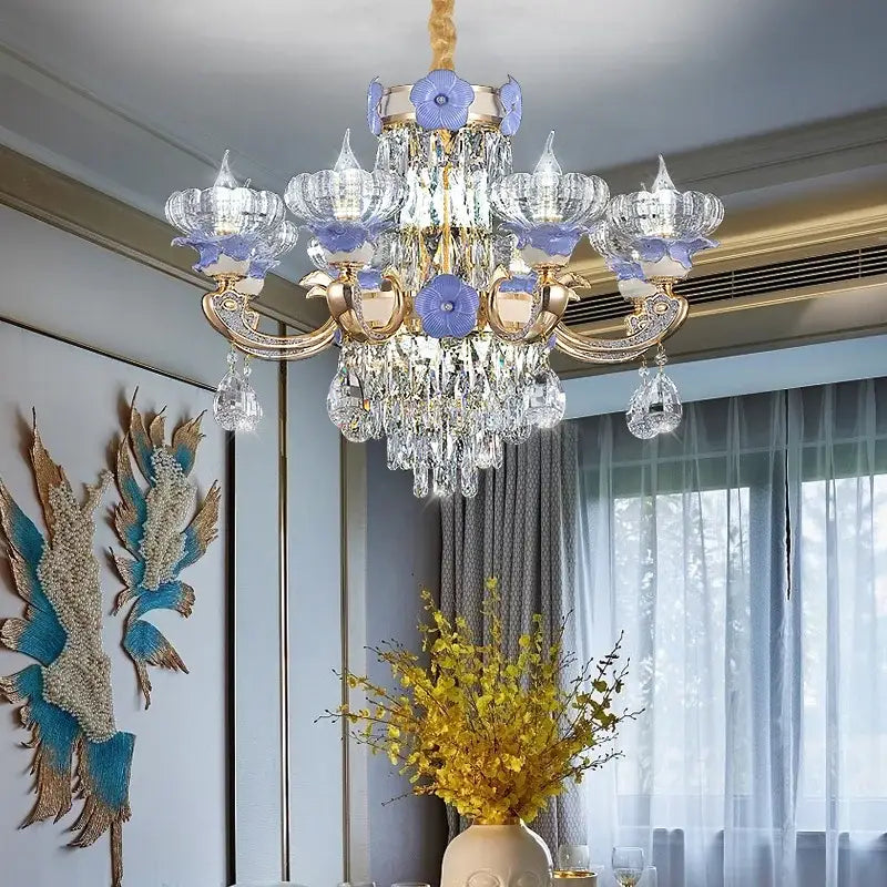 Ornate blue and gold crystal candle chandelier – staircase lighting
