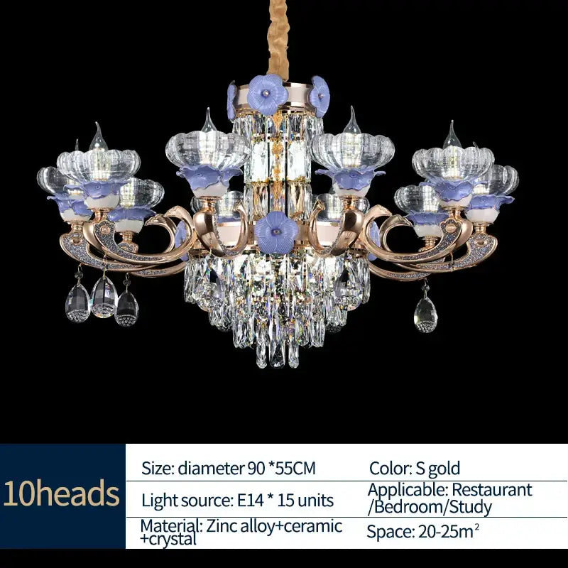 Ornate blue and gold crystal candle chandelier – staircase lighting