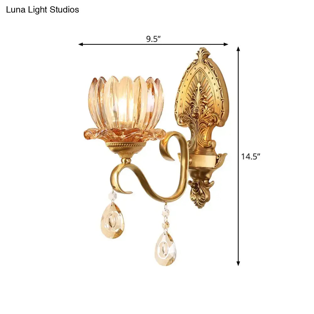 Ornate brass lotus wall sconce amber glass e14 bulb bedroom light