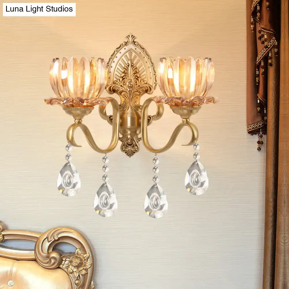 Ornate brass lotus wall sconce amber glass e14 bulb bedroom light