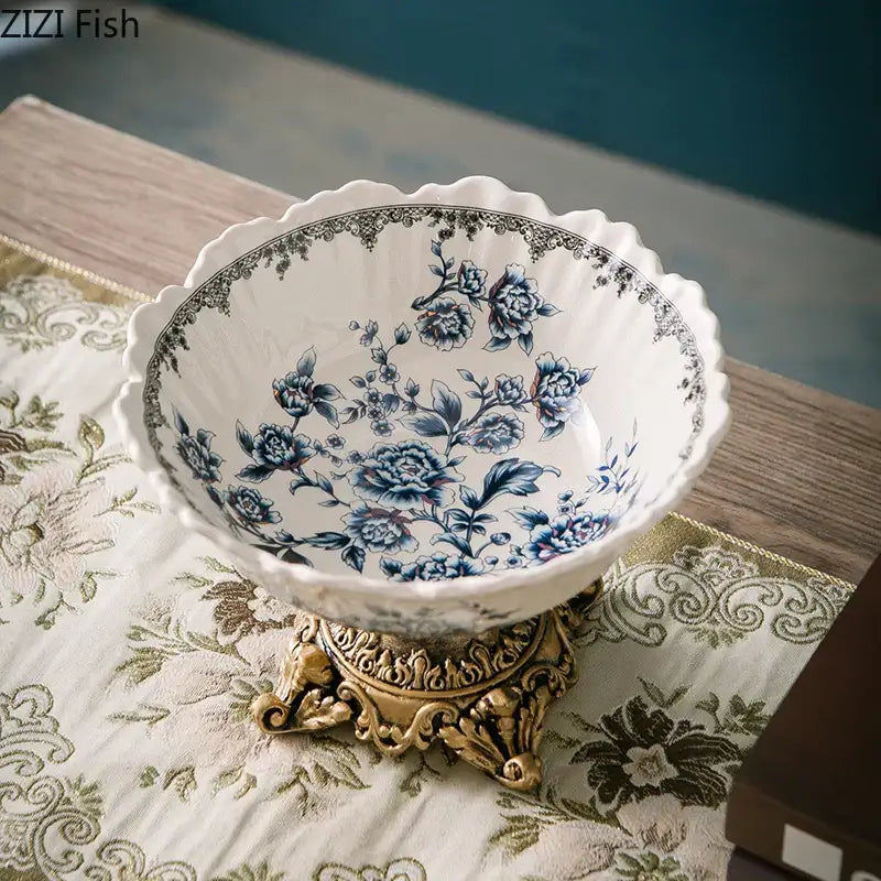Ornate ceramic flower pattern fruit bowl tray dining room set