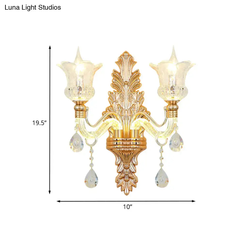 Ornate gold floral wall lamp with clear crystal glass bedroom sconce