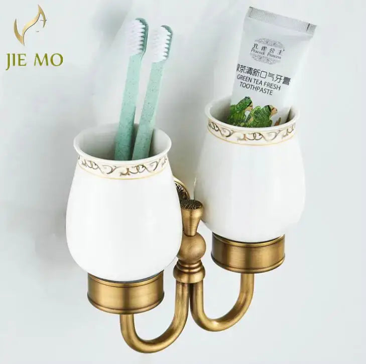 Ornate white & gold double cup holder bathroom toothbrush stand