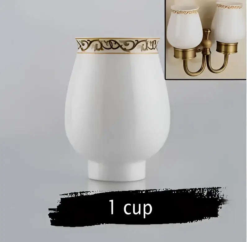 Ornate white & gold double cup holder bathroom toothbrush stand