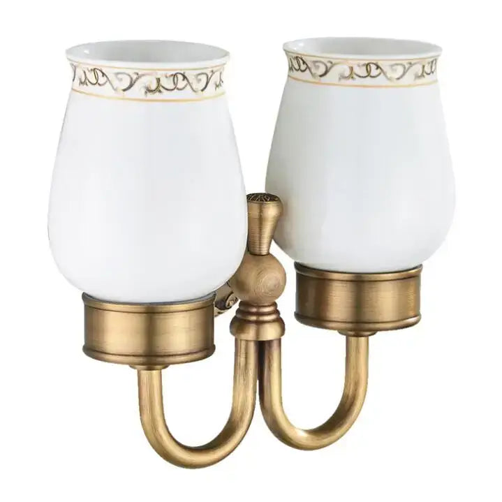 Ornate white & gold double cup holder bathroom toothbrush stand