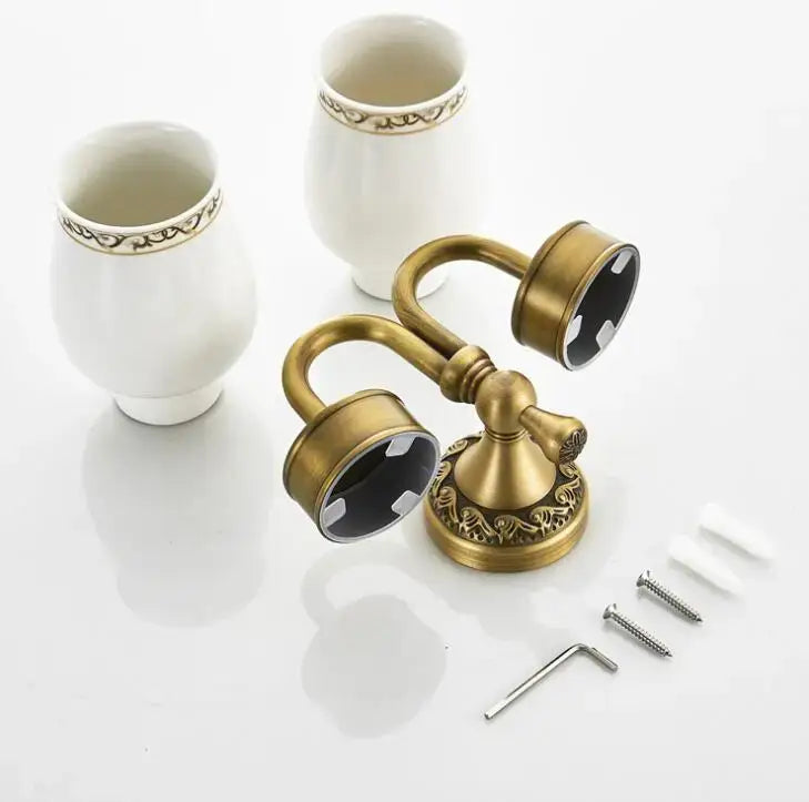 Ornate white & gold double cup holder bathroom toothbrush stand