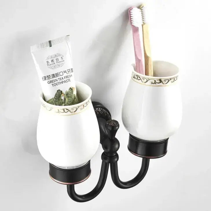 Ornate white & gold double cup holder bathroom toothbrush stand