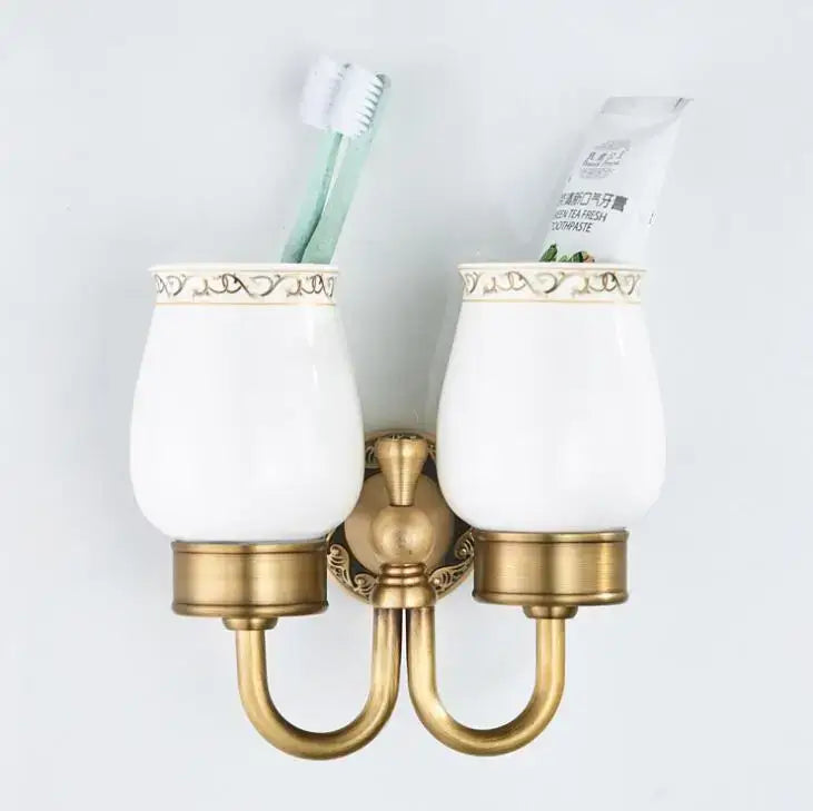 Ornate white & gold double cup holder bathroom toothbrush stand