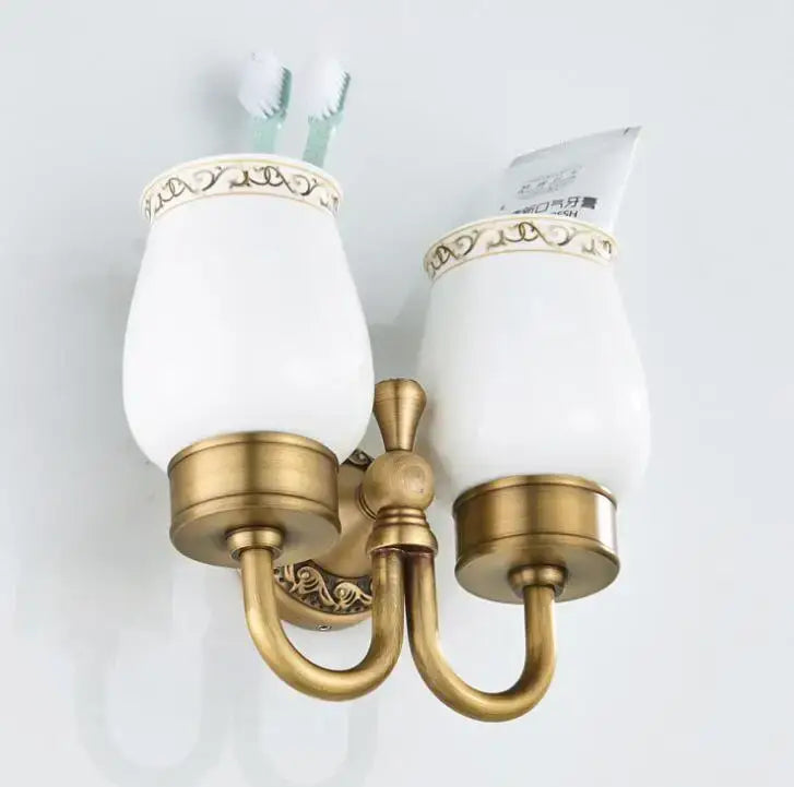 Ornate white & gold double cup holder bathroom toothbrush stand