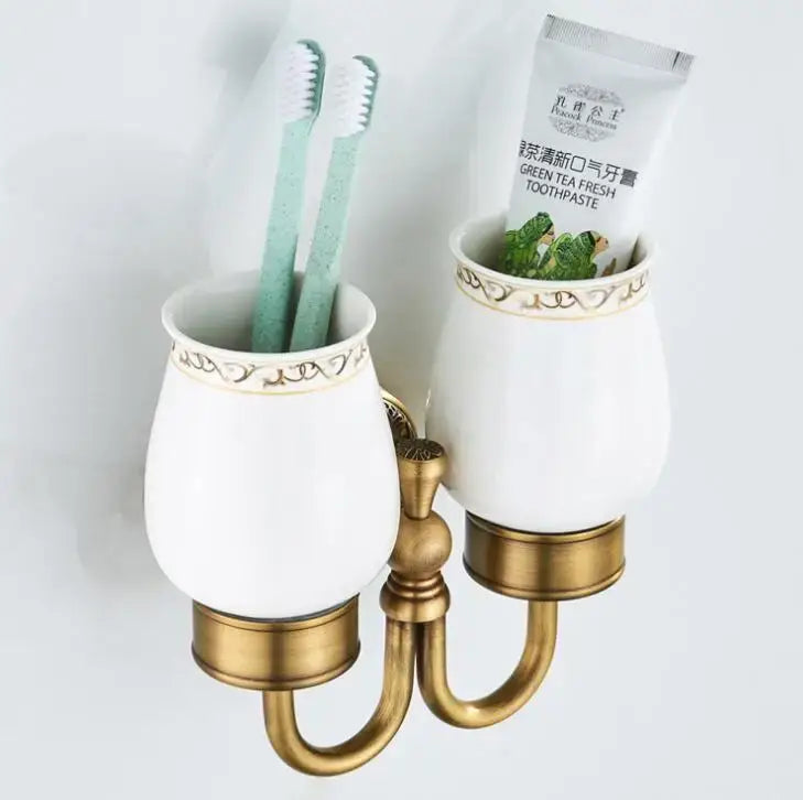 Ornate white & gold double cup holder bathroom toothbrush stand