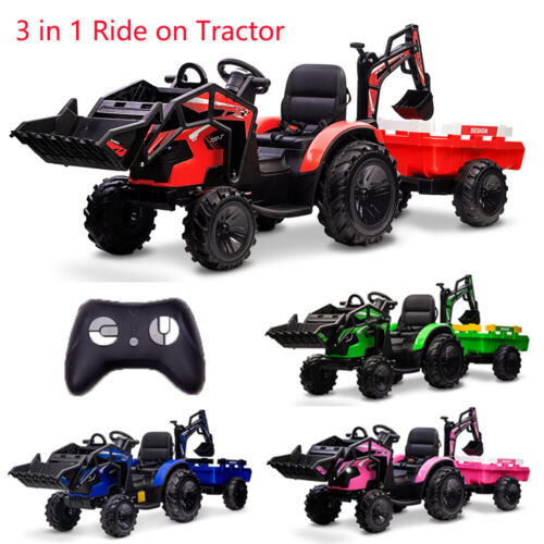 Outdoor Excavator and Bulldozer Ride-On Toy with Trailer and LED Lights for Kids