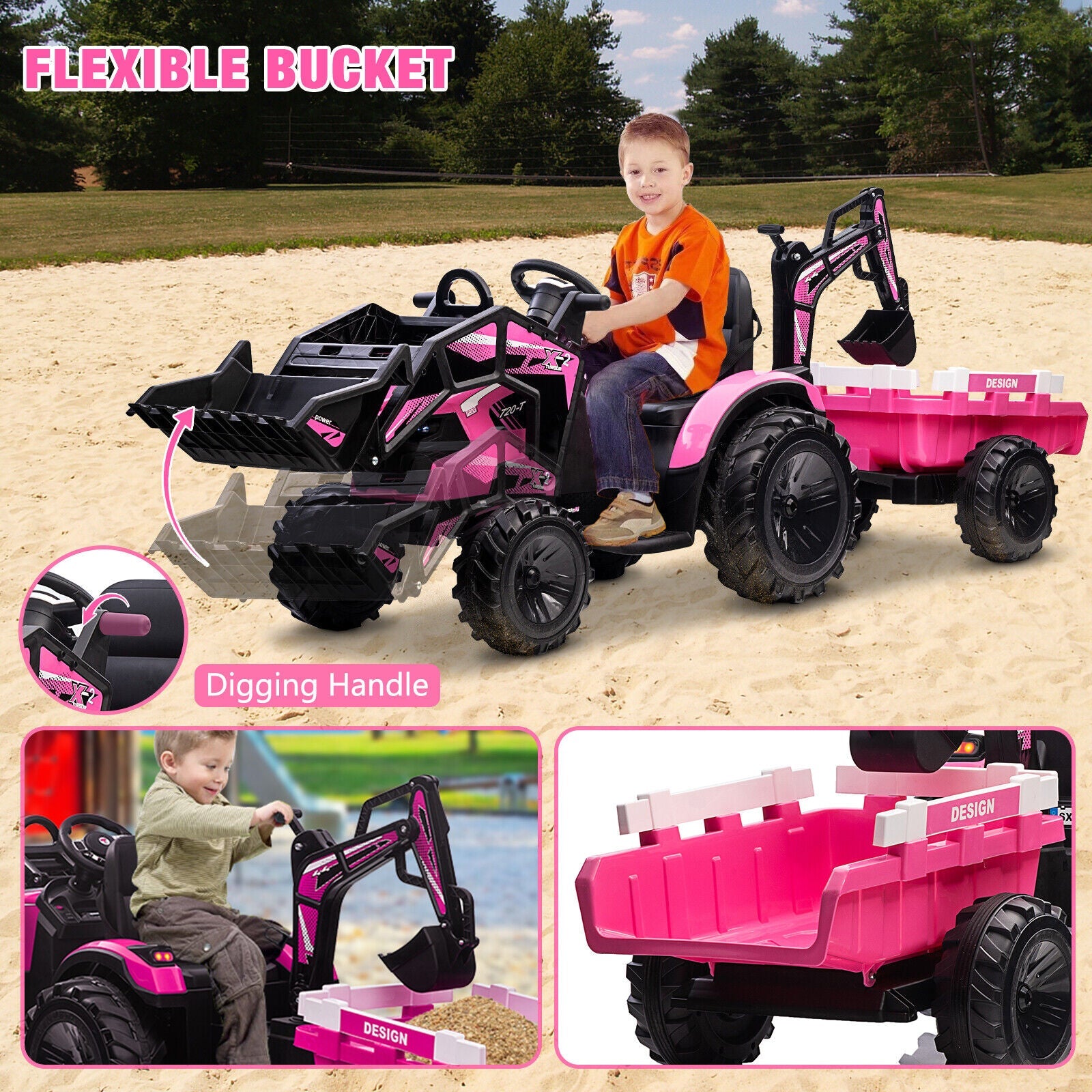 Outdoor Excavator and Bulldozer Ride-On Toy with Trailer and LED Lights for Kids