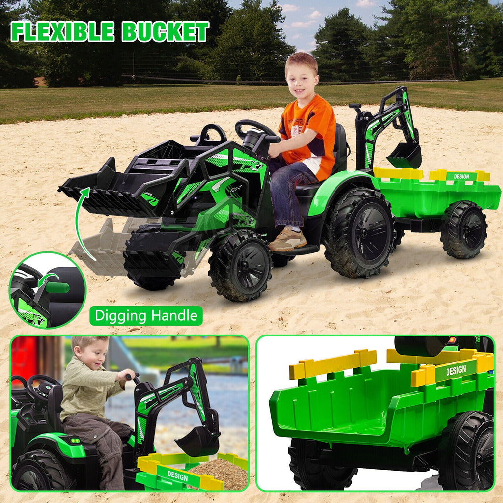 Outdoor Excavator and Bulldozer Ride-On Toy with Trailer and LED Lights for Kids