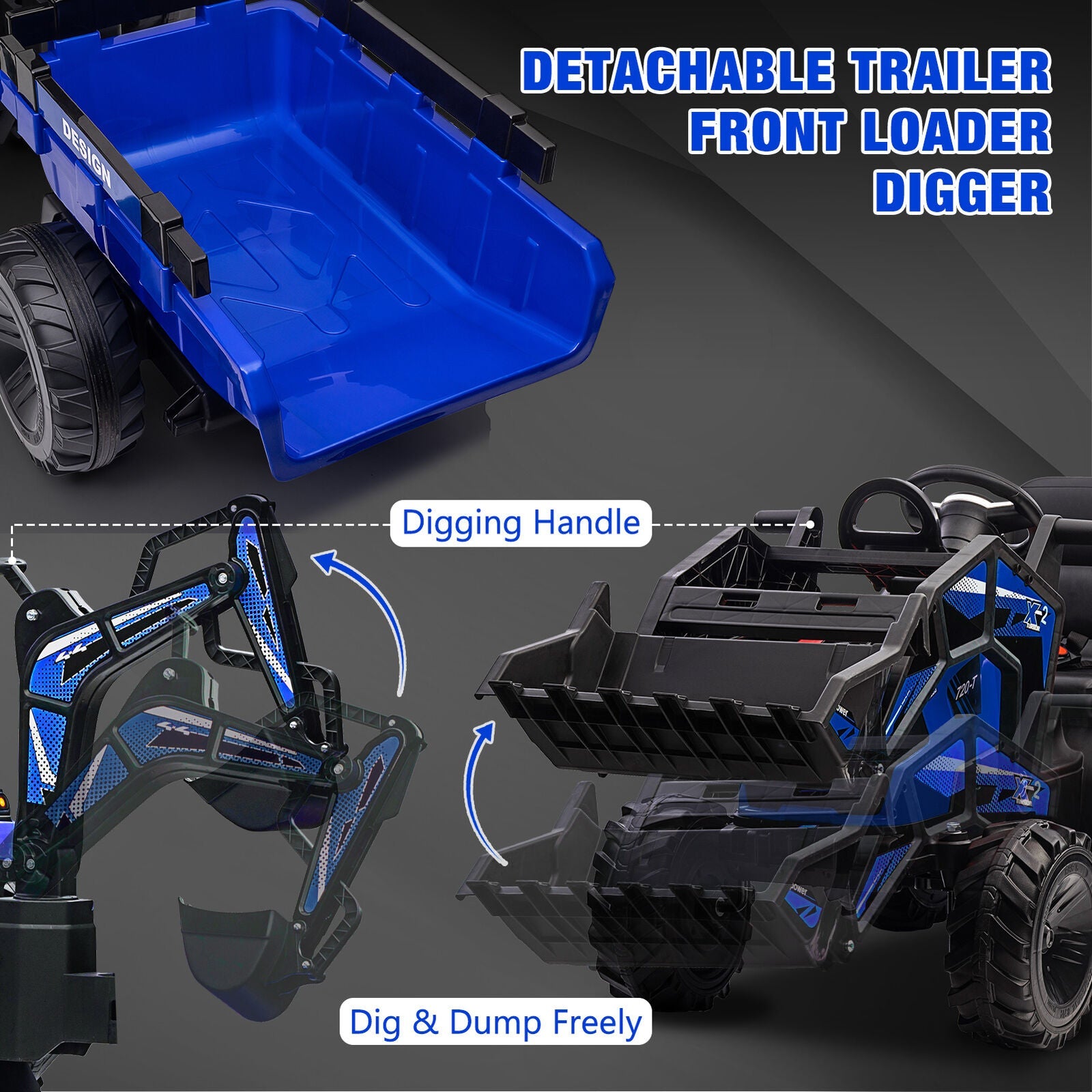 Outdoor Excavator and Bulldozer Ride-On Toy with Trailer and LED Lights for Kids
