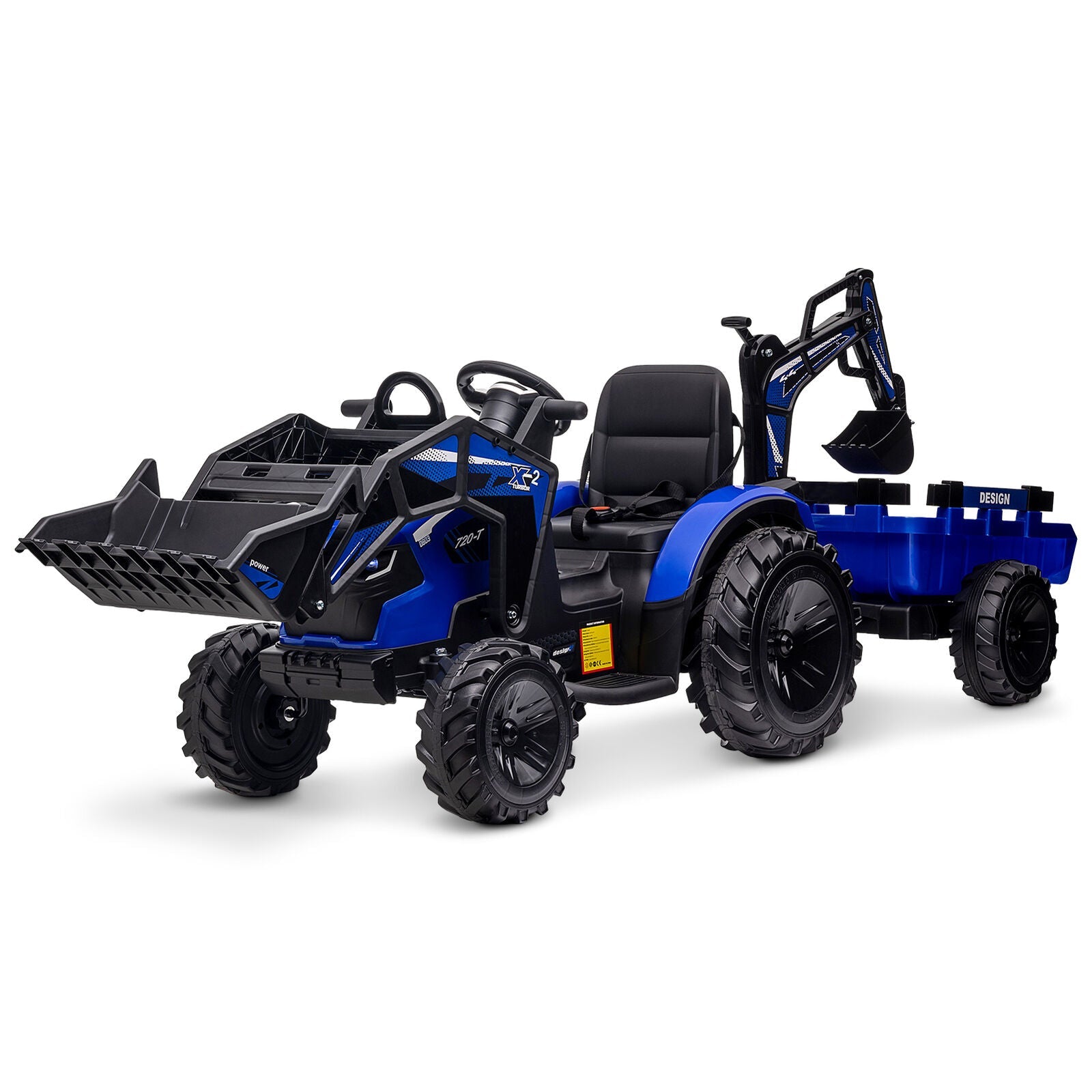 Outdoor Excavator and Bulldozer Ride-On Toy with Trailer and LED Lights for Kids