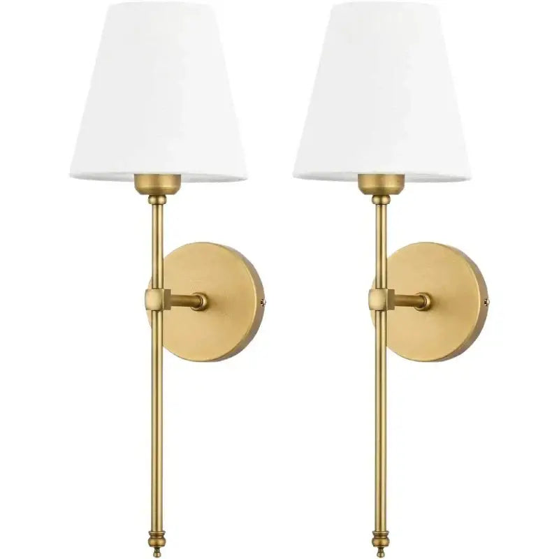 Pair of brass and white fabric wall lamp sconces bedroom decor