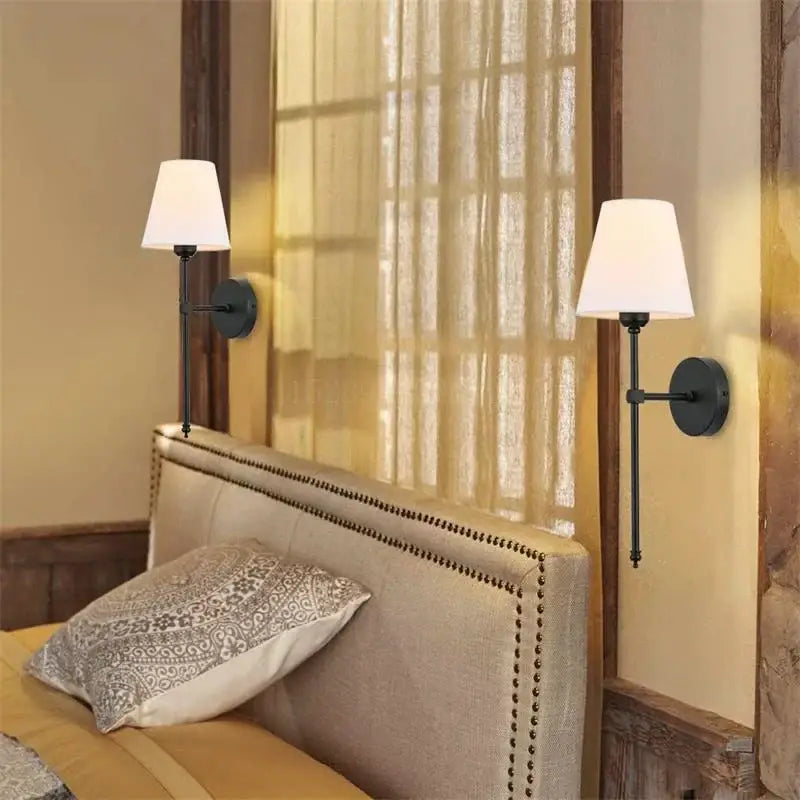Pair of brass and white fabric wall lamp sconces bedroom decor