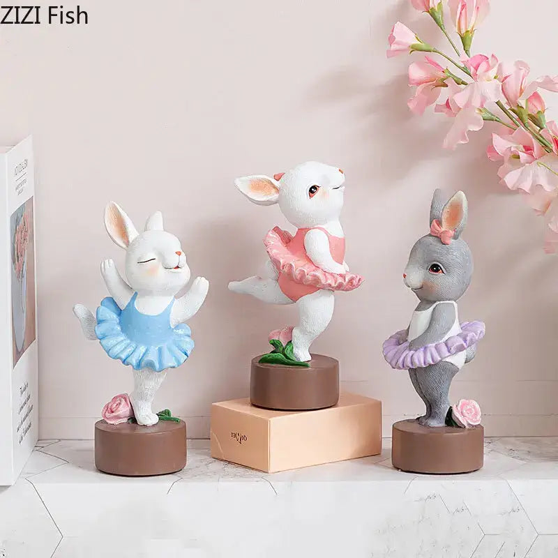 Pastel ballet rabbit dancer sculpture set bedroom desk decor
