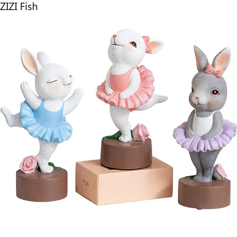 Pastel ballet rabbit dancer sculpture set bedroom desk decor