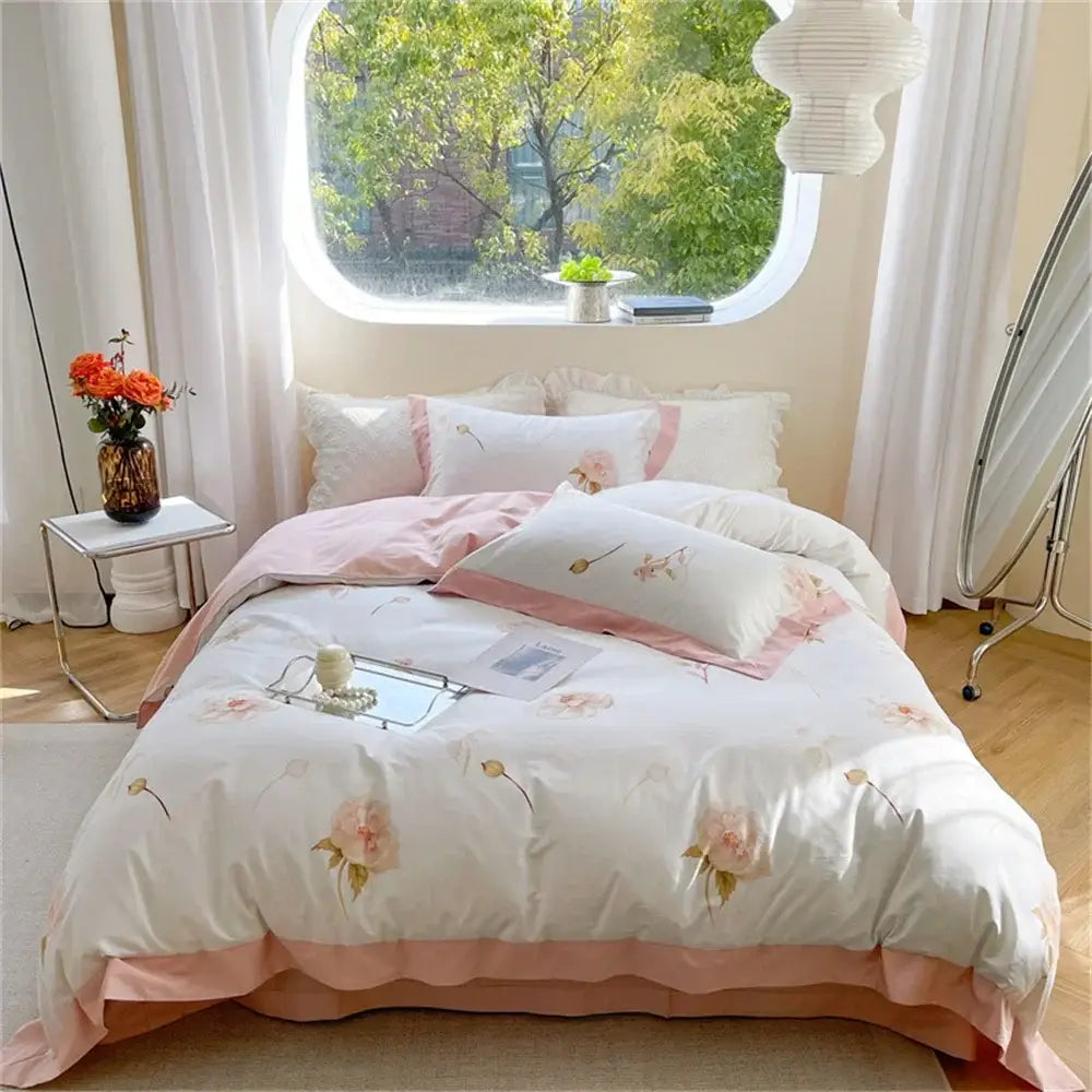 Pastel blue & peach floral bedding set bedroom ruffled duvet cover