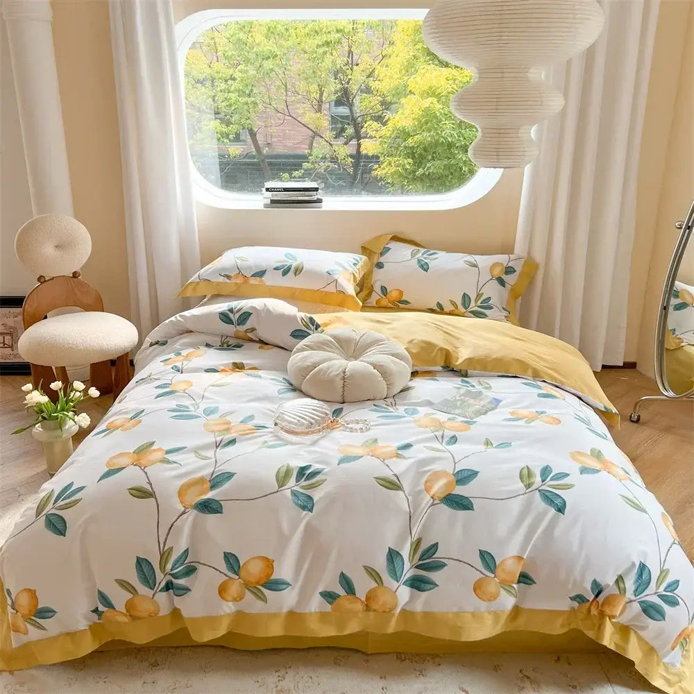Pastel blue & peach floral bedding set bedroom ruffled duvet cover