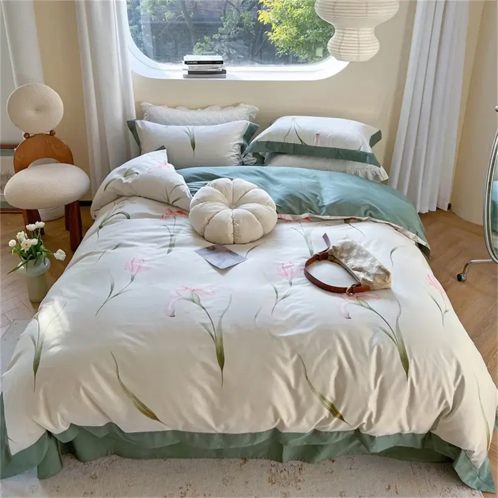 Pastel blue & peach floral bedding set bedroom ruffled duvet cover